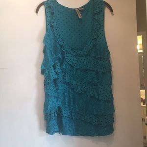 Turquoise tank with lace and polka dot ruffles